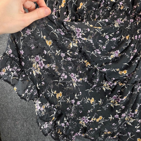 Lulus Floral Clip Dot Smocked Tiered Mini Dress XL Black Puff Sleeve Chiffon - Picture 15 of 16